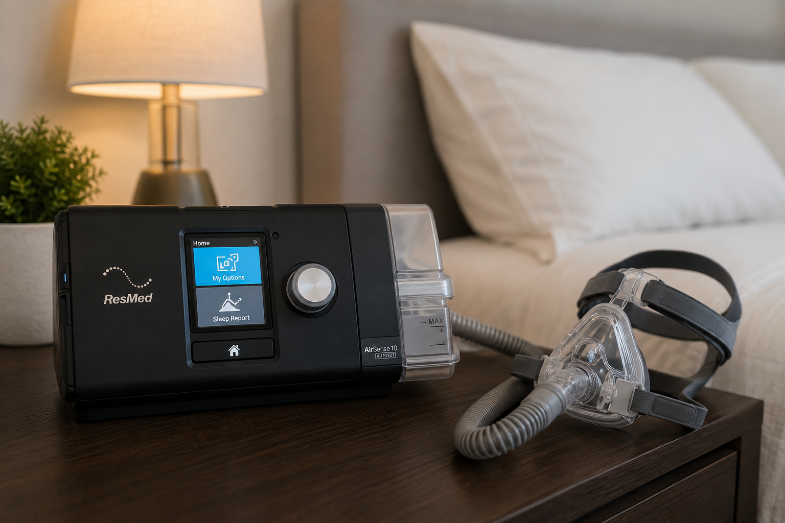 A BiPAP machine with its display showing two pressure settings on a bedside table, next to an iSLEEP at-home sleep test box.