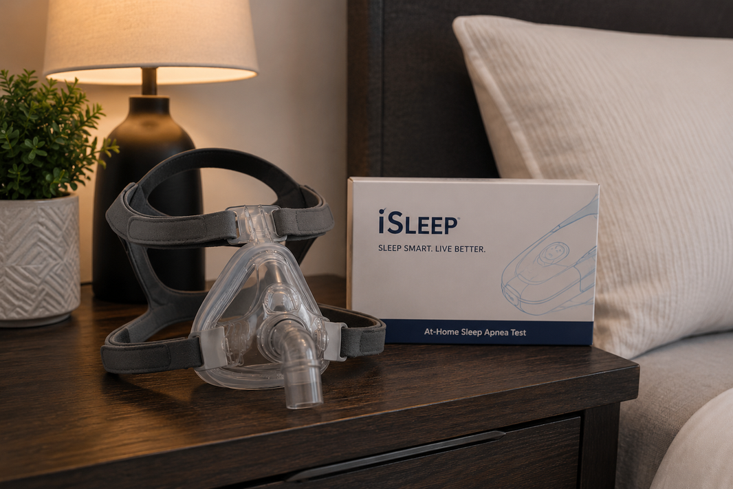 A full-face CPAP mask resting on a nightstand with its headgear laid out, beside an iSLEEP at-home sleep test box in a softly lit bedroom.