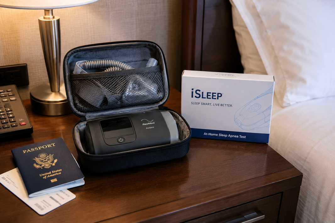 A compact travel CPAP machine packed in a small carry case beside a passport and a folded iSLEEP at-home sleep test box on a hotel nightstand.