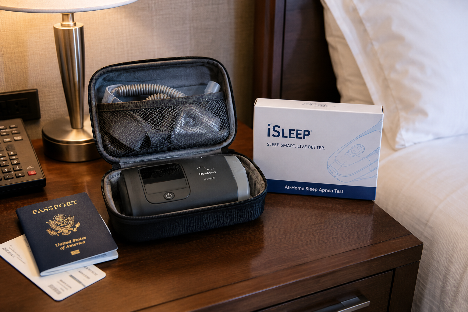 A compact travel CPAP machine packed in a small carry case beside a passport and a folded iSLEEP at-home sleep test box on a hotel nightstand.