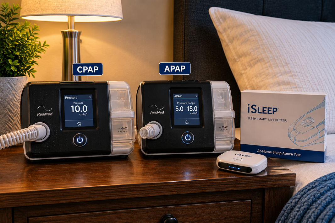 Two sleep therapy machines side by side on a nightstand, one labeled CPAP and one labeled APAP, with an iSLEEP at-home sleep test device nearby.