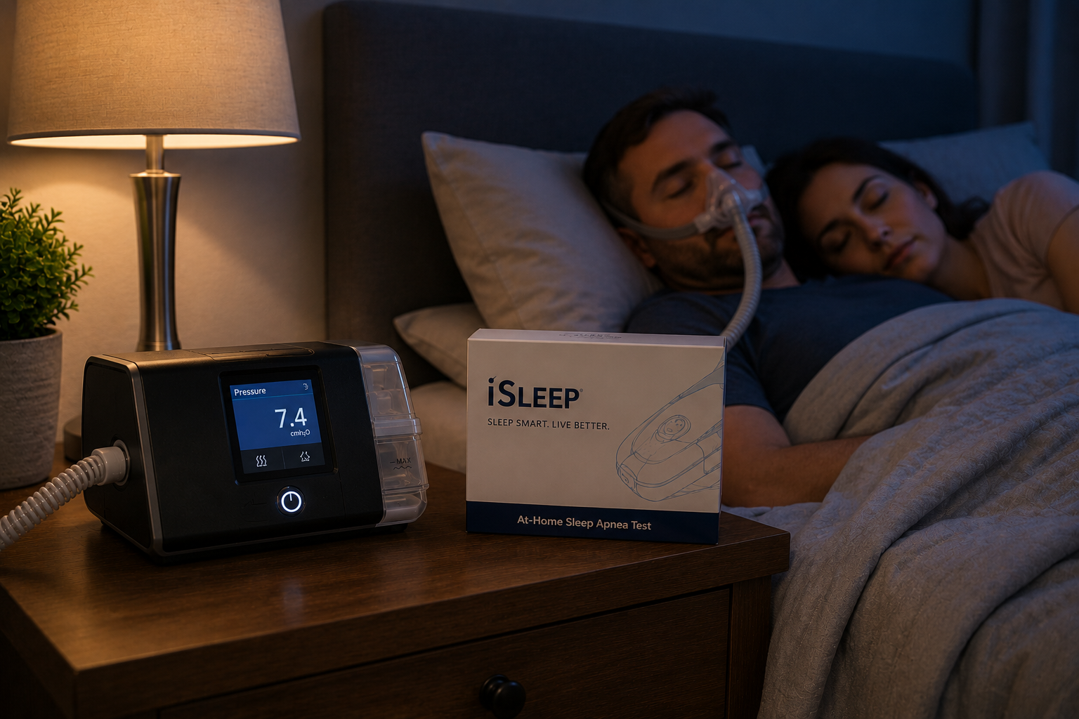 A quiet CPAP machine on a nightstand beside a sleeping couple in a dim bedroom, with an iSLEEP at-home sleep test box nearby.