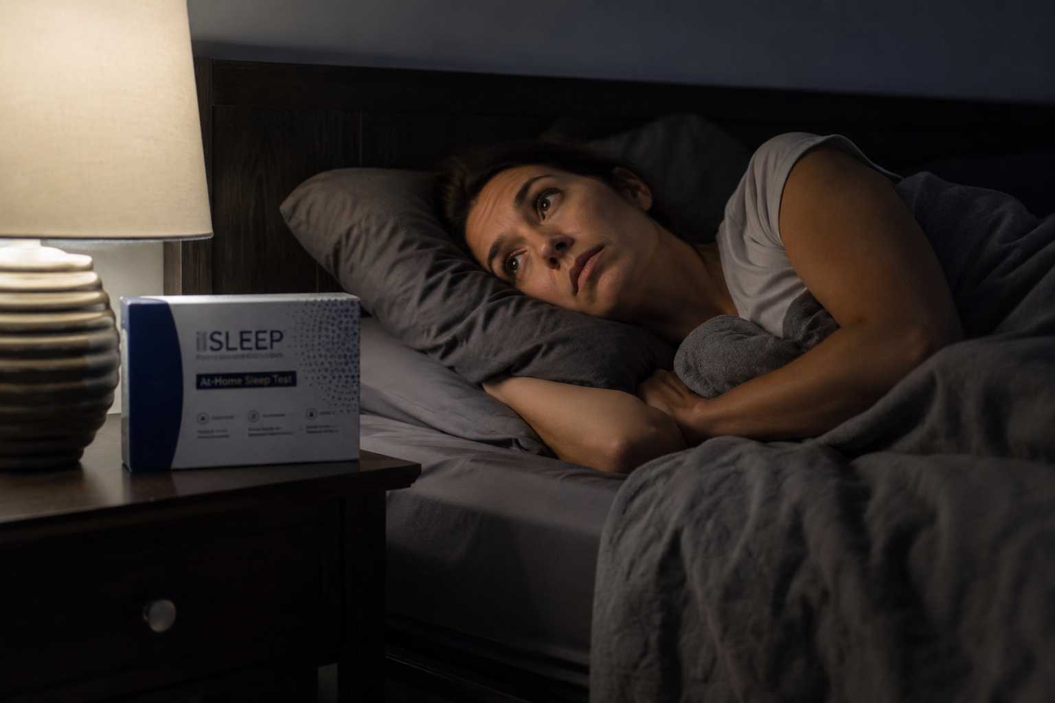 A person lying awake in bed at night looking concerned, with an iSLEEP at-home sleep test box on the nightstand.