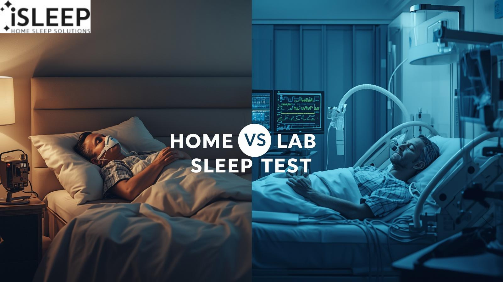 Two pictures as a comparation of people who is doing sleep test at home and lab.