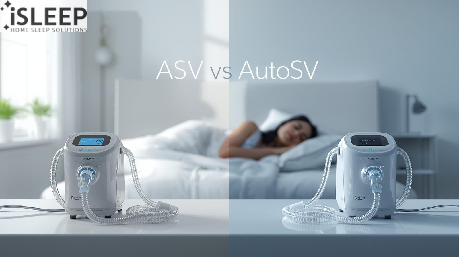 Side-by-side comparison of two medical sleep devices labeled ASV and AutoSV, with a woman sleeping peacefully in the background.