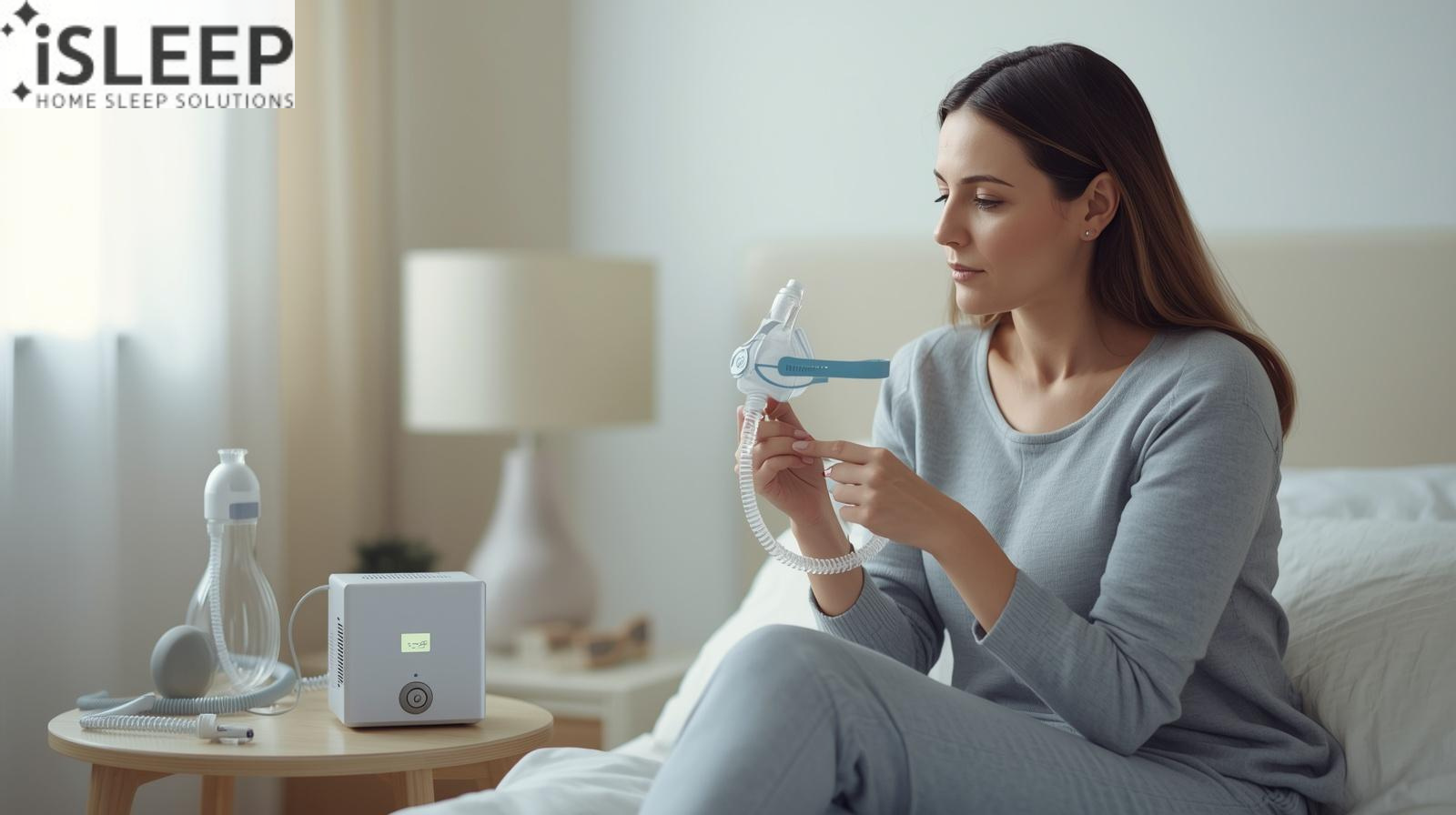 A woman sitting on a bed looking at a CPAP mask, with a sleep therapy machine on a bedside table and an "iSLEEP" logo in the corner.