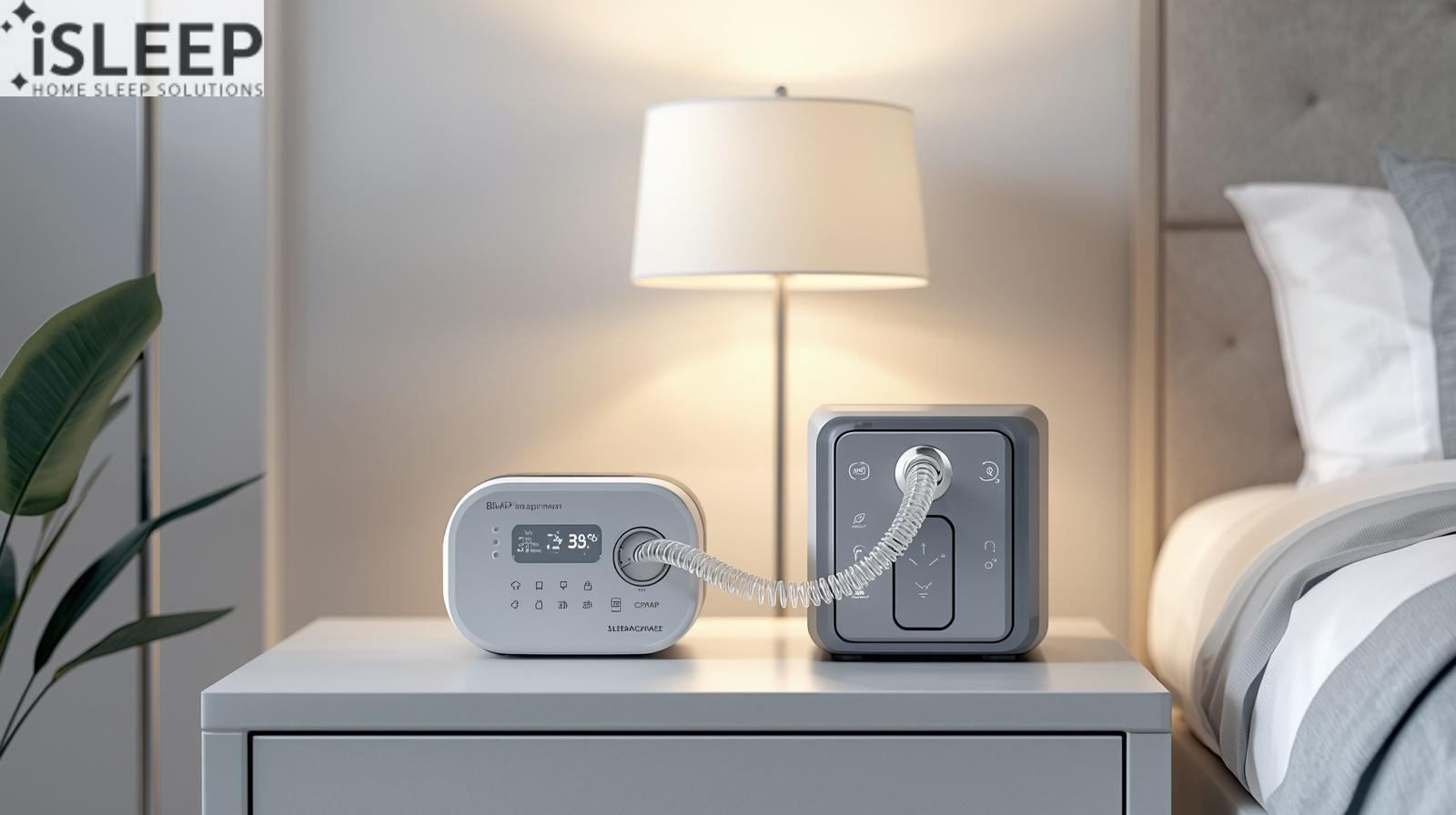 Modern&nbsp;iSLEEP&nbsp;therapy devices on a bedside nightstand, connected by an air tube, in a minimalist bedroom setting.