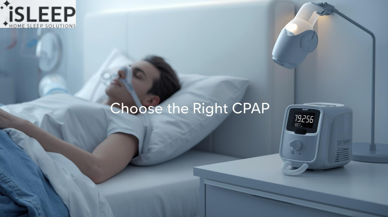 iSLEEP Home Sleep Solutions advertisement: A man using a CPAP device for sleep apnea with the call to action "Choose the Right CPAP."