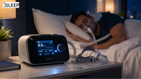 A man sleeps peacefully wearing a CPAP mask connected to an AutoSet device on his nightstand.