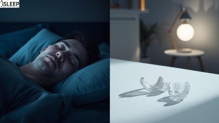Sleep apnea mouth guard with person sleeping and oral appliance devices on bedside table